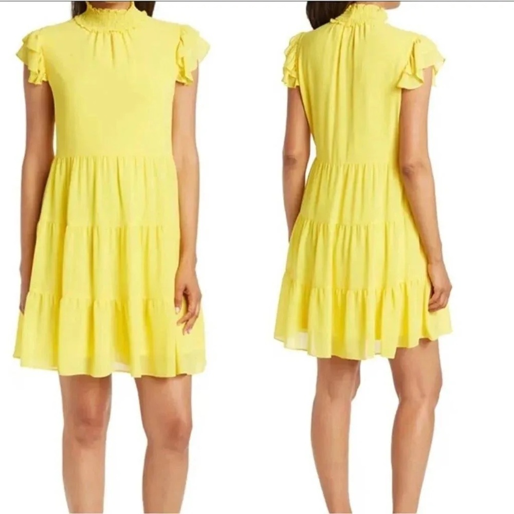 Eliza J Flutter Sleeve Mock Neck Tiered Dress in Yellow size 6